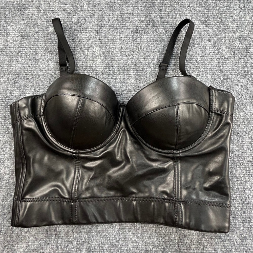 Black Faux Leather Bustier Crop Top Padded Underwire Strapless Corset Small 36B